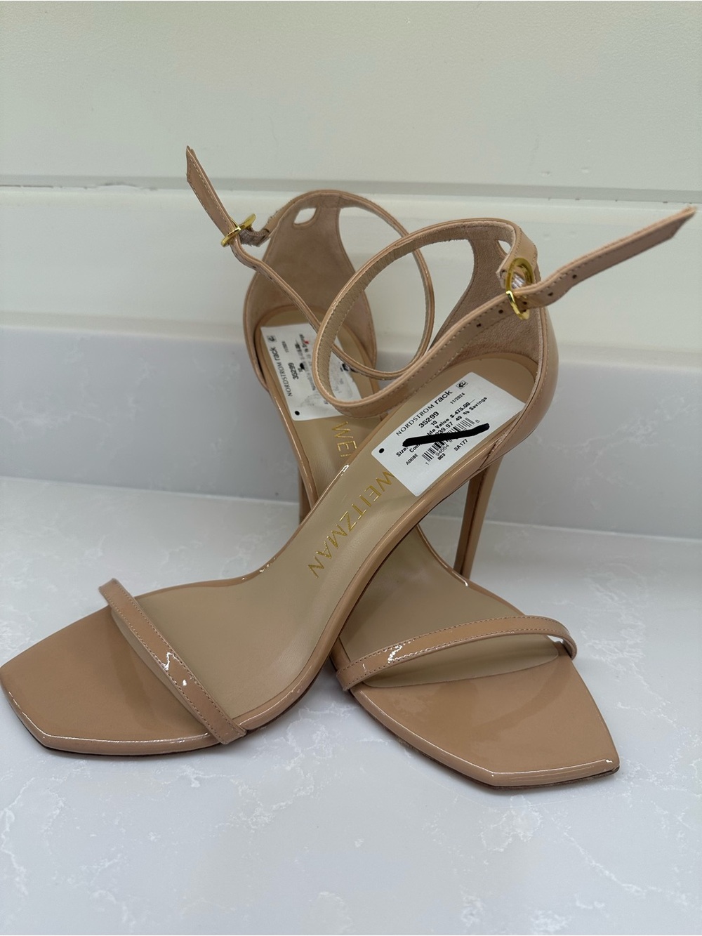 Stuart Weitzman Adobe Patent Nudistcurve 100 Stiletto Ankle Strap Sandals 10
